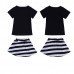 2015 Toddlers Kids Baby Girls Short Sleeve T  shirt Top Black White Stripe Skirt Dress